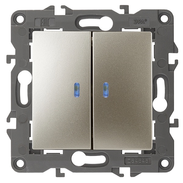 Выключатель двойной с подсветкой ЭРА 10АХ-250В IP20 Elegance шампань 14-1105-04