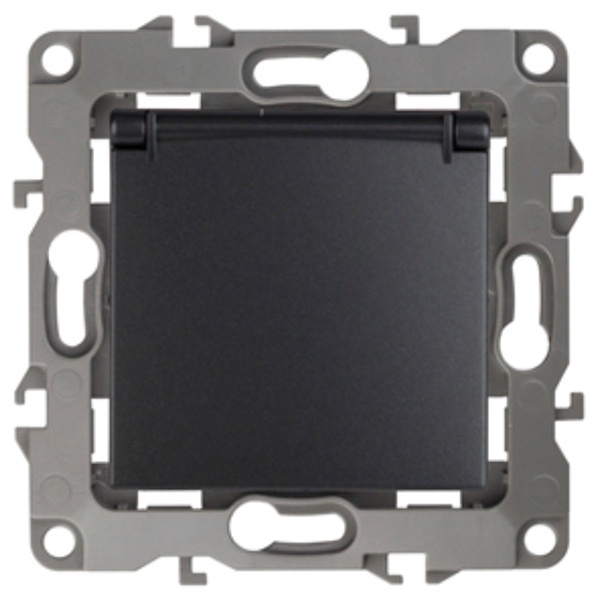 Розетка ЭРА 2P+E Schuko со шторками с крышкой 16A-250В IP20 12, антрацит 12-2103-05