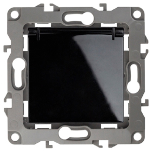 Розетка ЭРА 2P+E Schuko со шторками с крышкой 16A-250В IP20 12, черный 12-2103-06