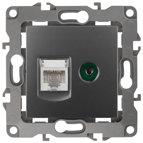 Розетка комбинированная ЭРА RJ45 кат.5е +TV IP20 12, графит 12-3110-12