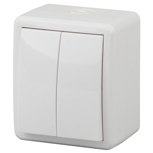 Выключатель двойной ЭРА Эксперт 10АХ-250В открытой установки IP54 белый 11-1404-01