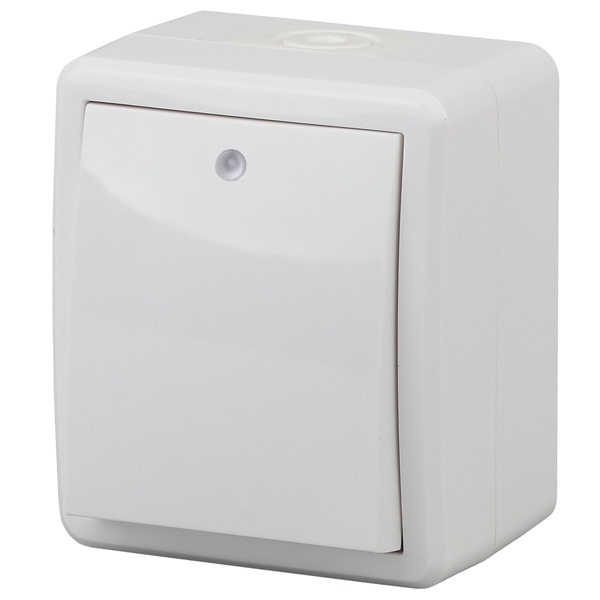 Выключатель с подсветкой ЭРА Эксперт 10АХ-250В открытой установки IP54 белый 11-1402-01