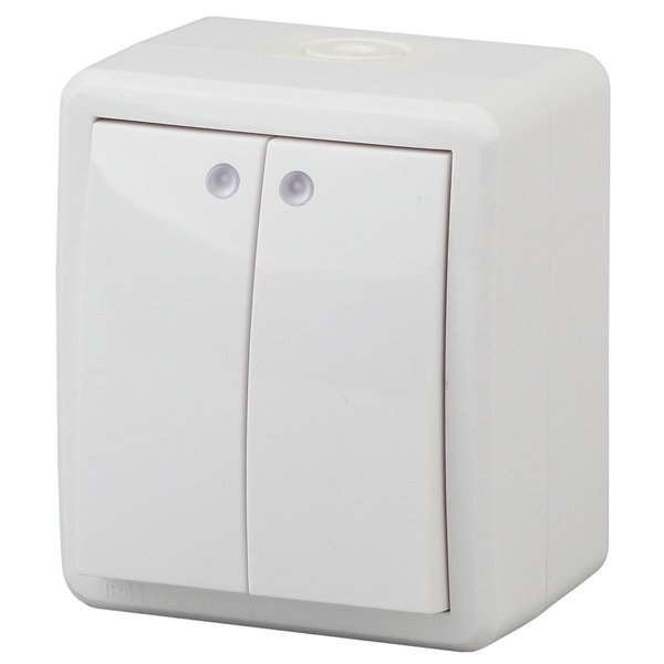 Выключатель двойной с подсветкой ЭРА Эксперт 10АХ-250В открытой установки IP54 белый 11-1405-01