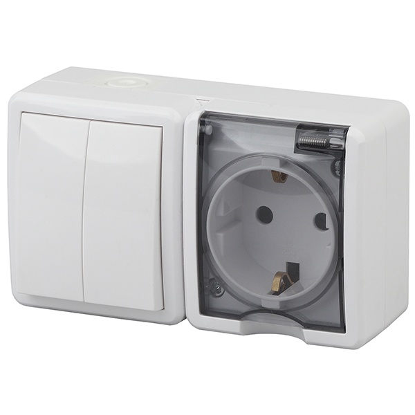 Блок ЭРА Эксперт розетка + 2-й выключатель горизонтальный открытой установки IP54 белый 11-7402-01