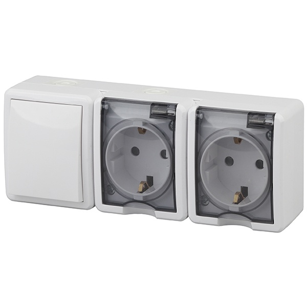 Блок ЭРА Эксперт 2 розетки + 1-й выключатель горизонтальный открытой установки IP54 белый 11-7403-01