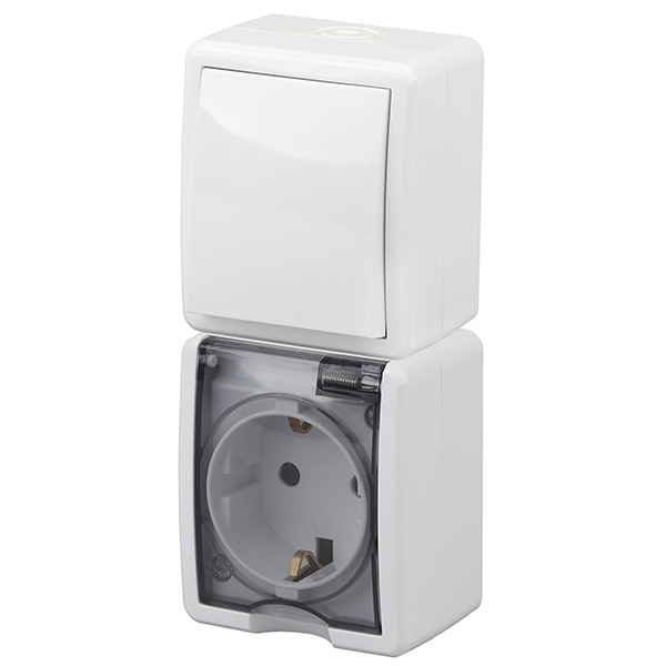 Блок ЭРА Эксперт розетка + 1-й выключатель вертикальный открытой установки IP54 белый 11-7407-01