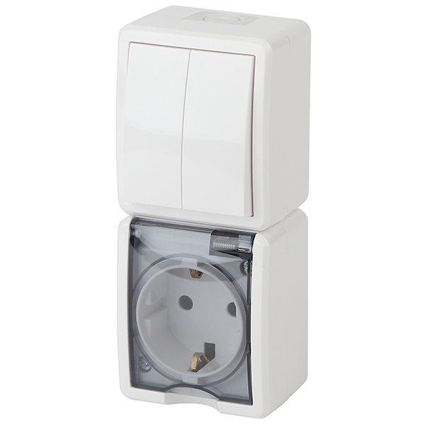 Блок ЭРА Эксперт розетка + 2-й выключатель вертикальный открытой установки IP54 белый 11-7408-01