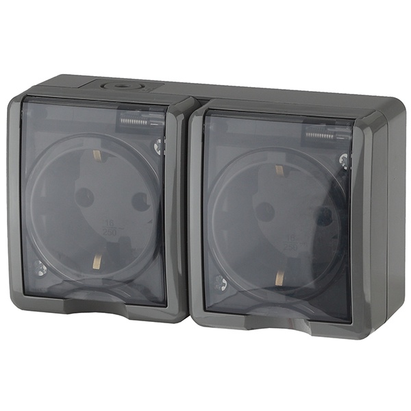 Розетка ЭРА Эксперт 2х2П+3 шторки 16A-250В открытой установки IP54 серый 11-2404-03