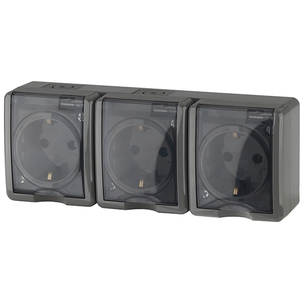 Розетка ЭРА Эксперт 3х2П+3 16A-250В открытой установки IP54 серый 11-2405-03