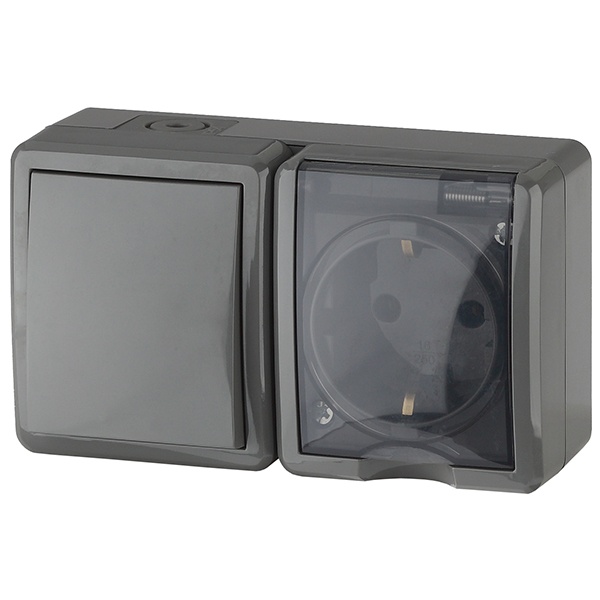 Блок ЭРА Эксперт розетка + 1-й выключатель горизонтальный открытой установки IP54 серый 11-7401-03