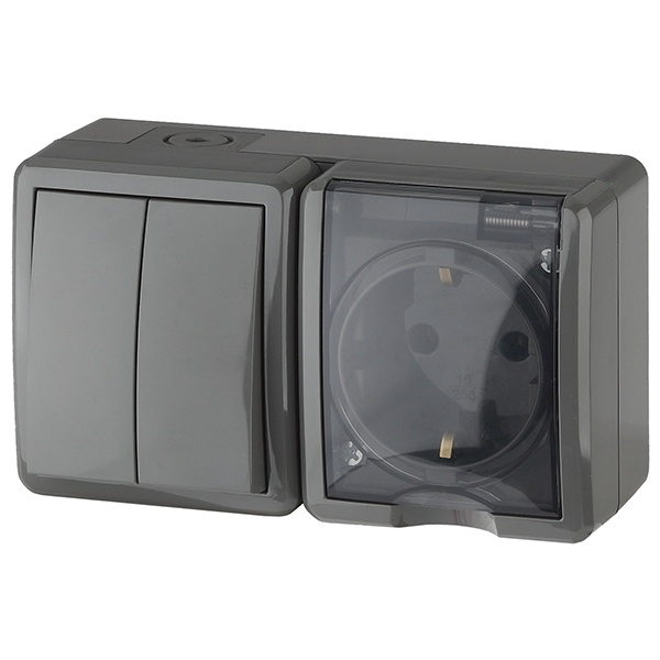 Блок ЭРА Эксперт розетка + 2-й выключатель горизонтальный открытой установки IP54 серый 11-7402-03