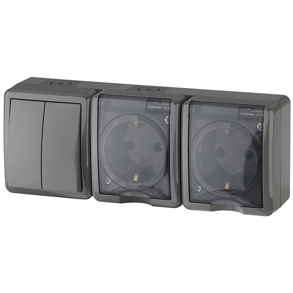 Блок ЭРА Эксперт 2 розетки + 2-й выключатель горизонтальный открытой установки IP54 серый 11-7404-03