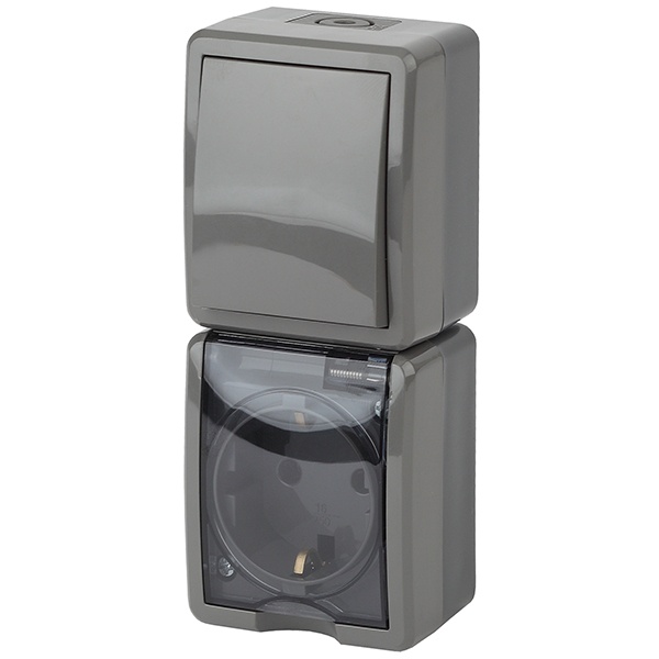 Блок ЭРА Эксперт розетка + 1-й выключатель вертикальный открытой установки IP54 серый 11-7407-03