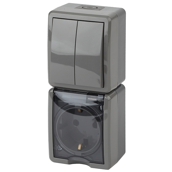 Блок ЭРА Эксперт розетка + 2-й выключатель вертикальный открытой установки IP54 серый 11-7408-03