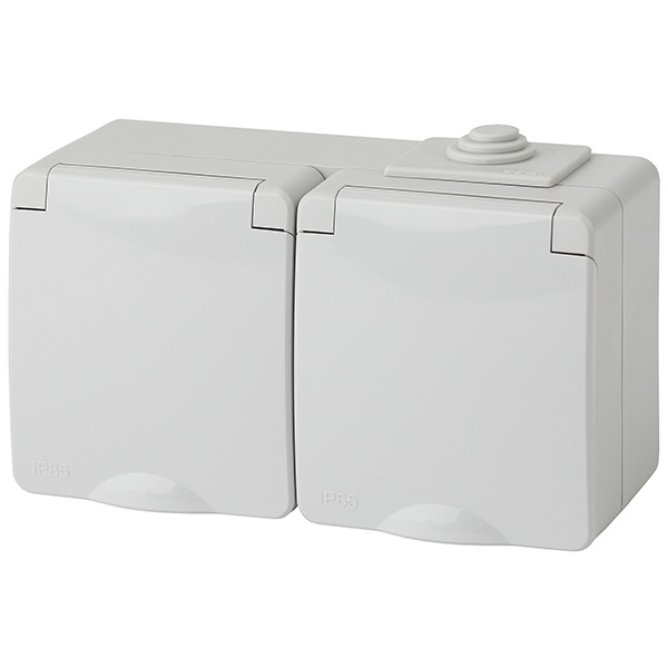 Розетка ЭРА 2х2П+3 открытой установки Эксперт 11-2604-03 16А горизонтальная шторки IP65 серый