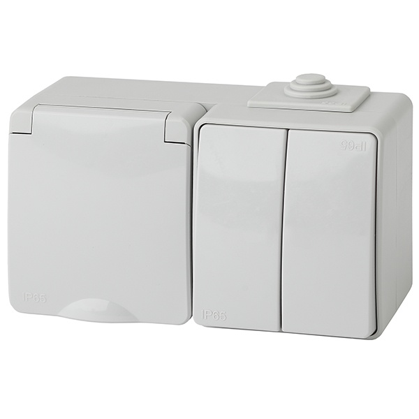 Блок ЭРА Эксперт розетка + 2-й выключатель горизонтальный открытой установки 11-7602-03 IP65 серый