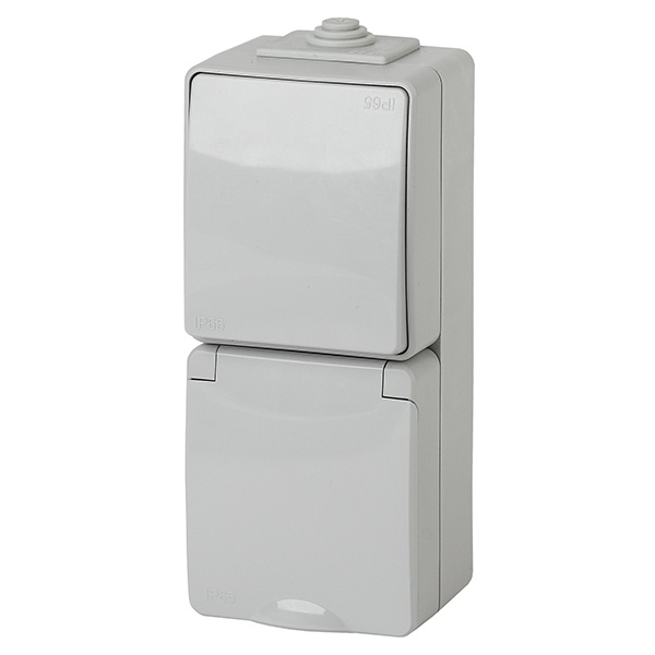 Блок ЭРА Эксперт розетка + 1-й выключатель вертикальный открытой установки 11-7607-03 IP65 серый