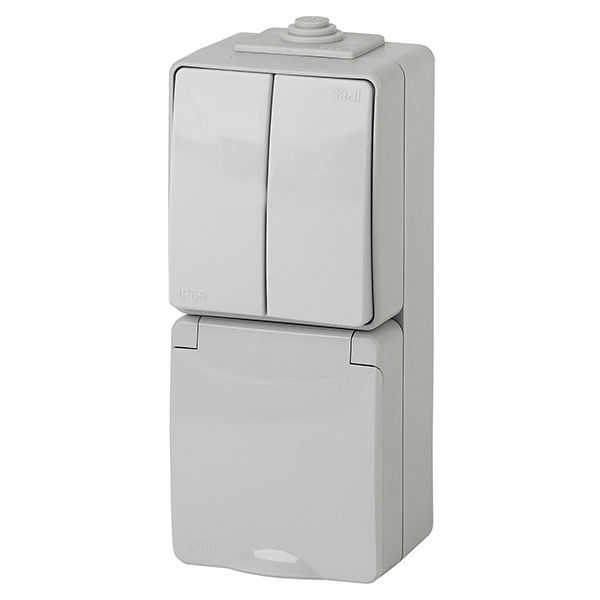 Блок ЭРА Эксперт розетка + 2-й выключатель вертикальный открытой установки 11-7608-03 IP65 серый