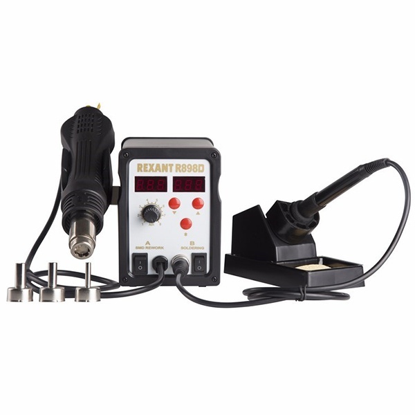 Паяльная станция с цифровым дисплеем Rexant 220В 40/690Вт 100-480°С (паяльник + фен) R898D
