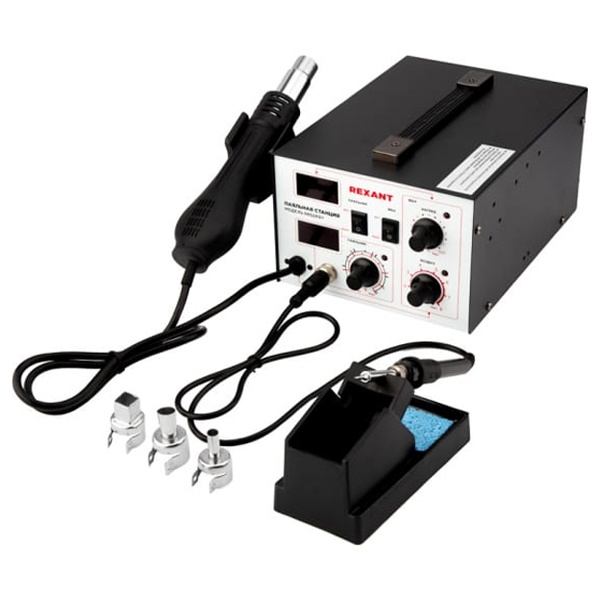 Паяльная станция с цифровым дисплеем Rexant 220В 40/690Вт 100-500°С (паяльник + фен) R852AD+