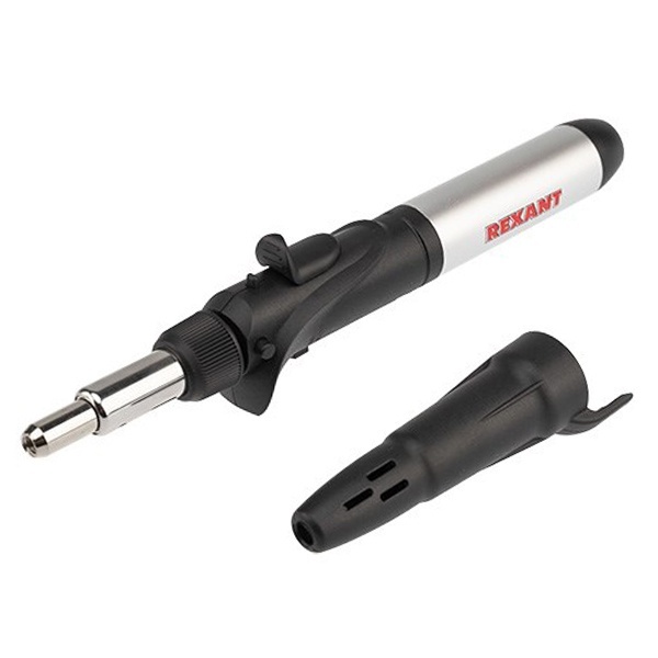 Паяльник-горелка с пьезоподжигом газовый Rexant 17мл (6 насадок, припой, губка, коробка)