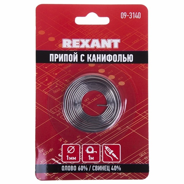 Припой с канифолью Rexant d1.0мм спираль 1м (Sn60 Pb40 Flux 2.2 %) блистер