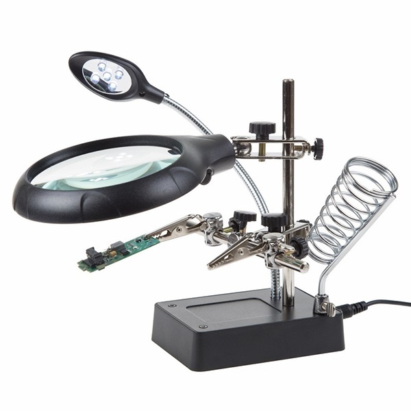 Держатель Rexant Третья рука с лупой х2.5, подставка под паяльник, LED подсветка