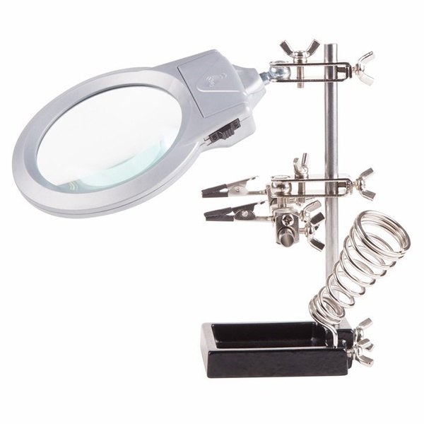 Держатель Rexant Третья рука с лупой х2.5 подставкой под паяльник и LED подсветкой