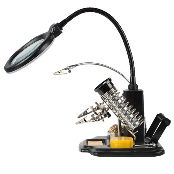 Держатель Третья рука Мастер с лупой 3х, подставка под паяльник, LED подсветка, стенд для припоя