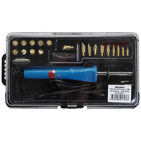 Выжигатель-паяльник Rexant Профи 30Вт (19 насадок) в пластиковом боксе
