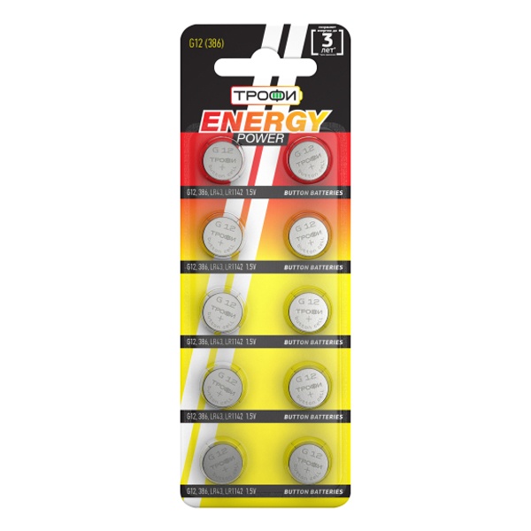 Батарейка для часов Трофи G12 (386) LR1142, LR43 (упаковка 10 шт) 5060138476608