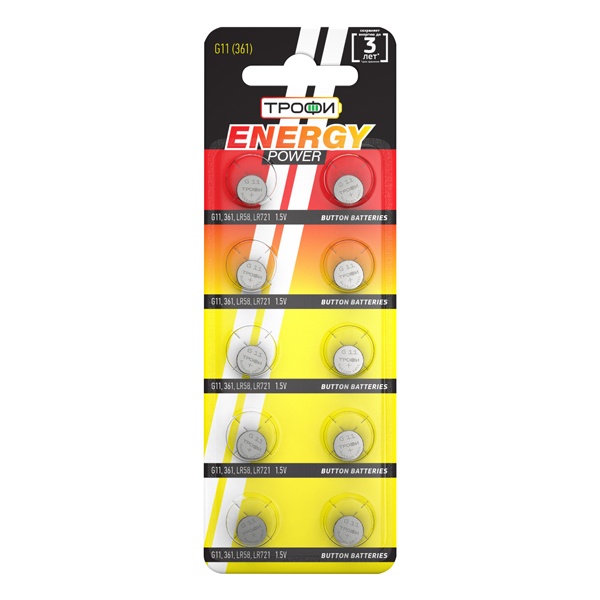Батарейка для часов Трофи G11 (361) LR721, LR58 (упаковка 10 шт) 5060138476578