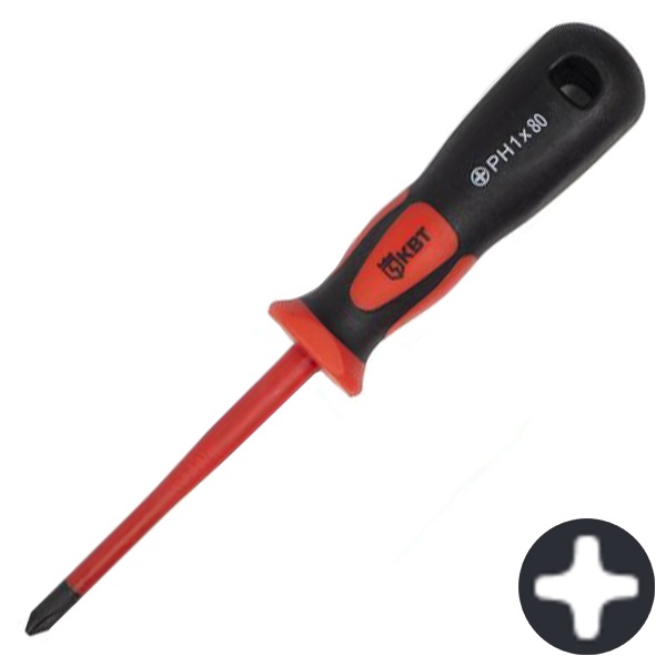 Отвертка КВТ диэлектрическая крестовая PH1 80мм с тонким жалом Слим, VDE 1000В