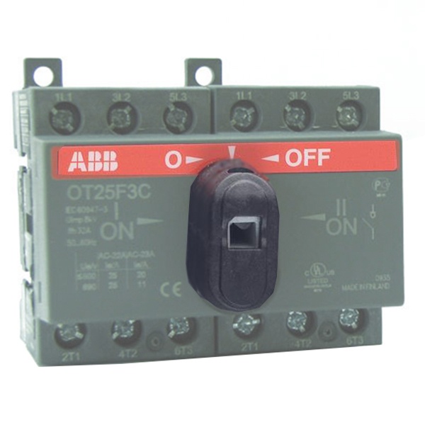 Реверсивный рубильник OT25F3C до 25A 3х полюсный для установки на DIN-рейку или плату (c ручкой) (выключатель нагрузки)