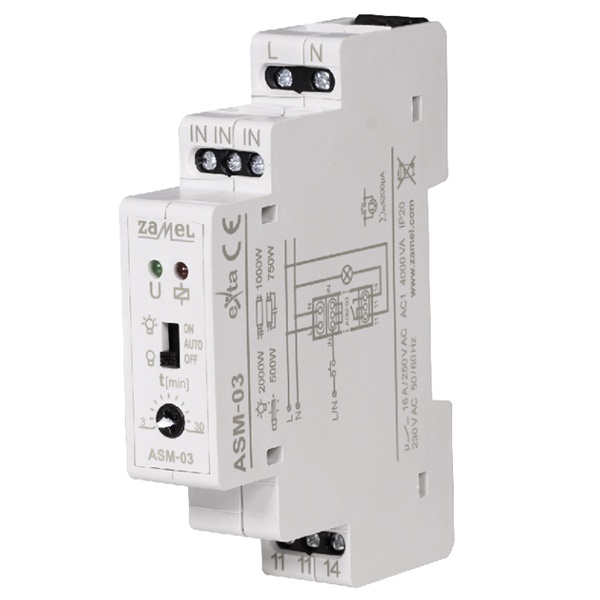 Таймер лестничный Zamel 3-30мин 16А с функцией антиблокировки и возможностью отключения реле IP20
