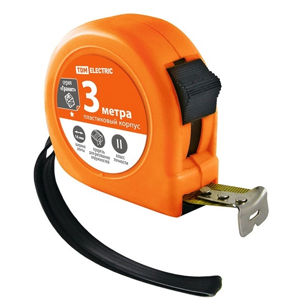 Рулетка TDM, длина 3 м, стальная лента, ширина 16 мм, пластиковый корпус, серия Гранит