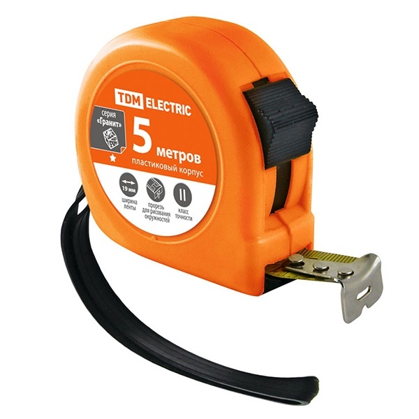 Рулетка TDM, длина 5 м, стальная лента, ширина 19 мм, пластиковый корпус, серия Гранит