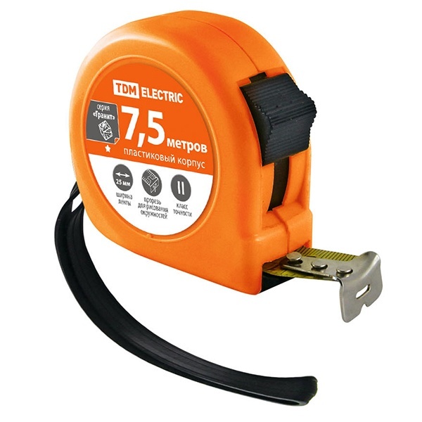 Рулетка TDM, длина 7.5 м, стальная лента, ширина 25 мм, пластиковый корпус, серия Гранит