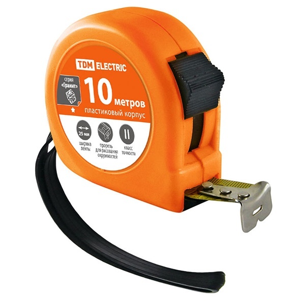Рулетка TDM, длина 10 м, стальная лента, ширина 25 мм, пластиковый корпус, серия Гранит