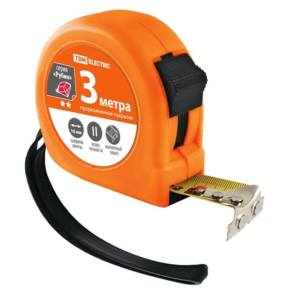 Рулетка TDM, длина 3 м, стальная лента, ширина 16 мм, прорезиненное покрытие, магнит, серия Рубин