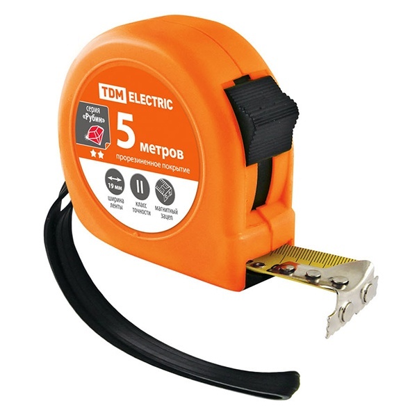 Рулетка TDM, длина 5 м, стальная лента, ширина 19 мм, прорезиненное покрытие, магнит, серия Рубин
