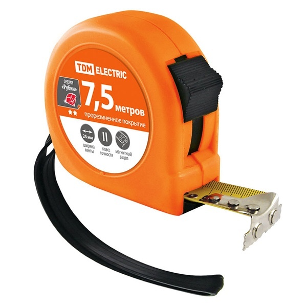 Рулетка TDM, длина 7.5 м, стальная лента, ширина 25 мм, прорезиненное покрытие, магнит, серия Рубин