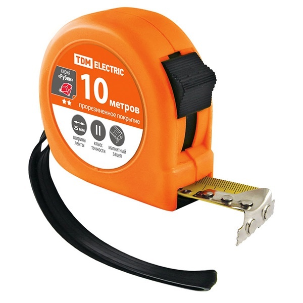 Рулетка TDM, длина 10 м, стальная лента, ширина 25 мм, прорезиненное покрытие, магнит, серия Рубин