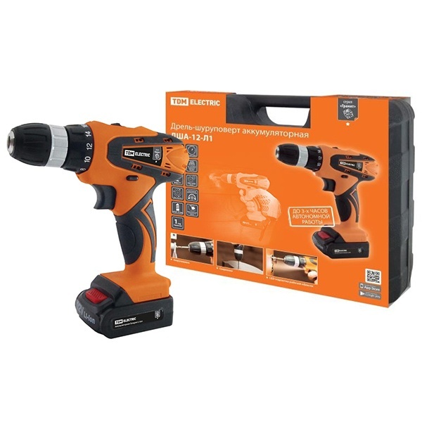 Дрель-шуруповерт акк. TDM ДША-12-Л1 12 В, 1,3 А*ч Li-Ion, 22 Нм, 0-1350 об/мин, кейс, серия Гранит