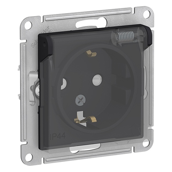 Розетка с заземлением со шторками и крышкой SE AtlasDesign 16А IP44 Aqua, карбон