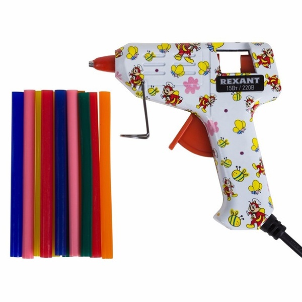 Набор пистолет клеевой Rexant 15Вт 7мм и набор цветных стержней 12штук