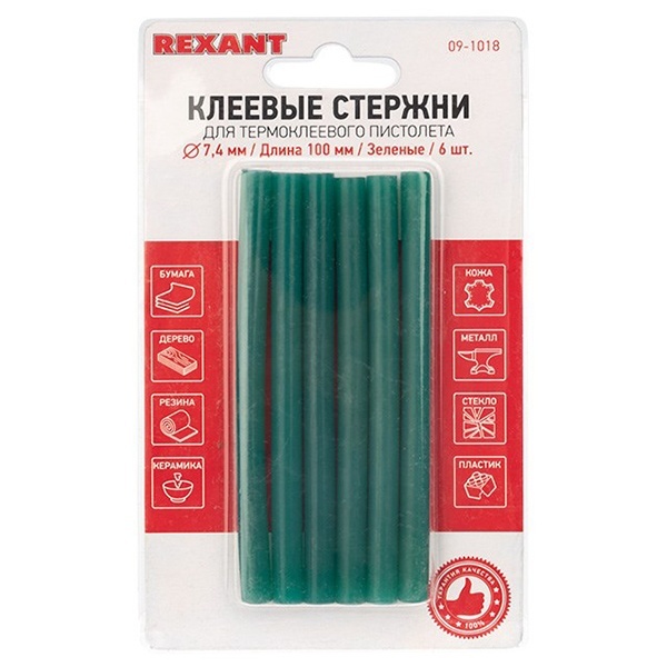 Клеевые стержни Rexant 7,4мм 100мм зеленые (упак. 6шт.)