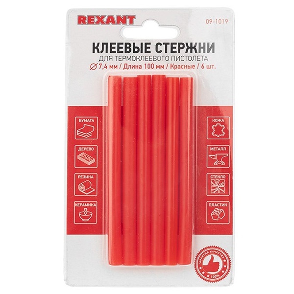 Клеевые стержни Rexant 7,4мм 100мм красные (упак. 6шт.)