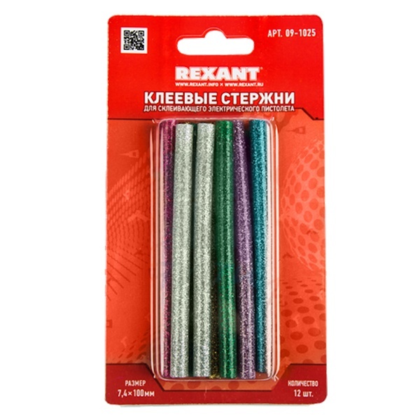Клеевые стержни Rexant 7,4мм 100мм цветные с блестками (упак. 12шт.)