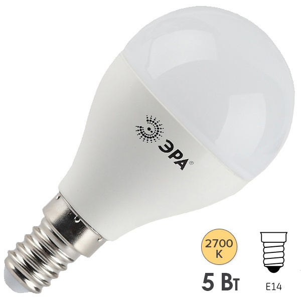 Лампа светодиодная шарик ЭРА LED P45 5W/827 2700K E14 теплый свет